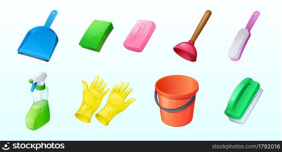 Cleaning icons with brushes, bucket, sponge and spray. Vector cartoon set of equipment and tools for housework, soap, detergent bottle, gloves and scoop isolated on white background. Cleaning icons with bucket, sponge and spray