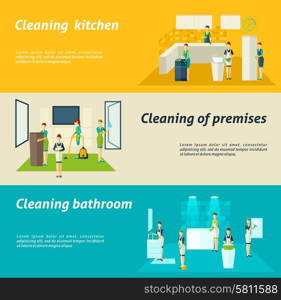 Cleaning In Rooms Flat Banners Set. Premises kitchen and bathroom cleaning washing and wiping color flat horizontal banners set isolated vector illustration