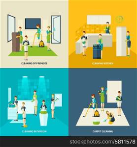 Cleaning In Rooms Flat Icons Set. Kitchen bathroom and carpet cleaning design concept with woman figures flat icons set isolated vector illustration