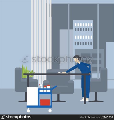 Cleaning in the office. Cleaning woman wipes the table. Vector illustration. Cleaning woman wipes the table.