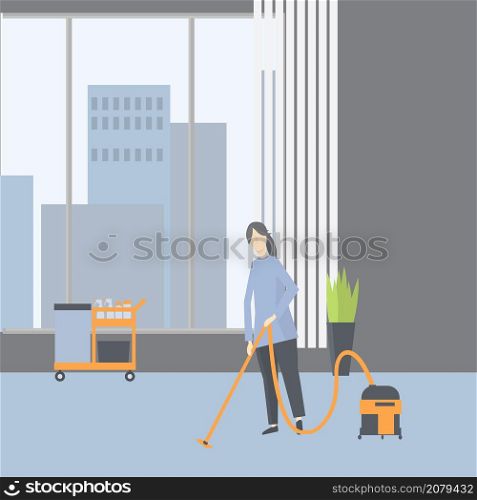 Cleaning in the office. Janitor using vacuum ?leaner on floor at office. Vector illustration