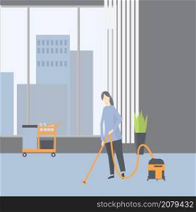 Cleaning in the office. Janitor using vacuum ?leaner on floor at office. Vector illustration