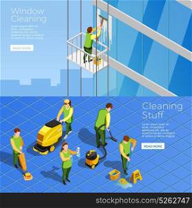 Cleaning Isometric Horizontal Banners. Isometric horizontal banners with stuff of industrial alpinism company cleaning skyscraper windows and office cleaners with vacuum vector illustration