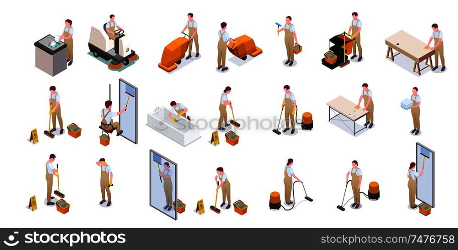 Cleaning isometric isolated icon set with cleaners in overalls wash dishes floors plumbing and windows vector illustration