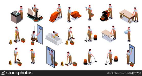 Cleaning isometric isolated icon set with cleaners in overalls wash dishes floors plumbing and windows vector illustration