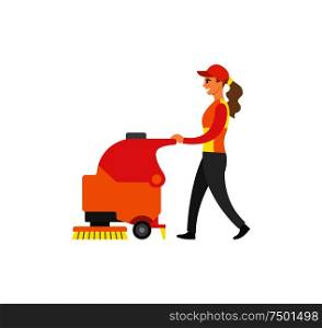 Cleaning lady woman wearing uniform, clean service at supermarket vector. Purity and tidiness of floor. Machine washing ground, hygiene and brushing. Cleaning Lady Woman Service at Supermarket Vector