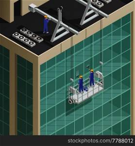 Cleaning of facade building isometric composition with workers washing windows from outside on hanging platform vector illustration. Facade Building Cleaning Isometric Composition
