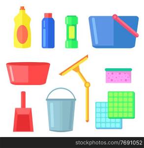 Cleaning or washing tools for home, office, interior, bottles with detergent, cleanser, plastic bucket and bowl, sponge, plastic containers, scoop, window cleaner, textile for washing dishes. Cleaning or washing tools equipment for home, office, interior, collection of colorful flat icons