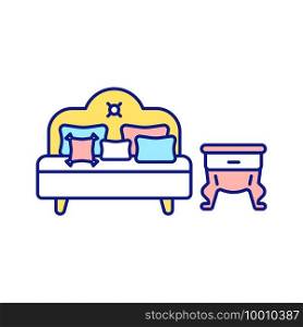 Cleaning-out in bedroom RGB color icon. Making bed. Storage of unused things. Tidying and freeing up storage space for new items in wardrobe. Clutter house. Isolated vector illustration. Cleaning-out in bedroom RGB color icon