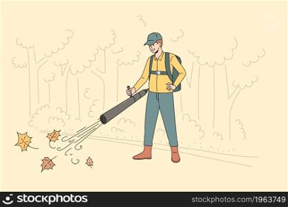 Cleaning park from fallen leaves concept. Young smiling man worker cartoon character in uniform standing and cleaning vacuuming fallen leaves in park vector illustration . Cleaning park from fallen leaves concept
