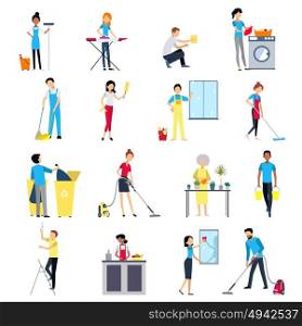 Cleaning People Icons Set. Cleaning people flat colored icons set with men and women house working cleaning washing isolated vector illustration