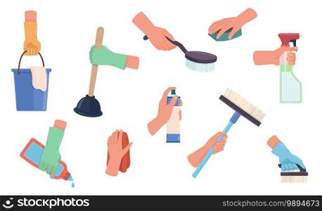 Cleaning product in hands. Detergent housekeeping tools collection, cleaner and brush, washing sponge, antibacterial sprayer, housework clean supplies. Home-keeping vector flat cartoon isolated set. Cleaning product in hands. Detergent housekeeping tools collection, cleaner and brush, washing sponge, antibacterial sprayer, housework clean supplies vector flat cartoon isolated set