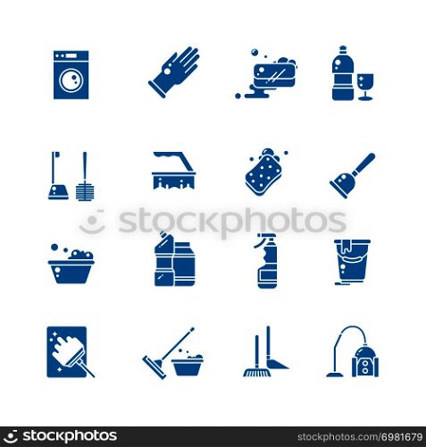 Cleaning products and services silhouette vector icons. Washing supplies and housework black symbols. Detergent and soap, glove and sponge illustration. Cleaning products and services silhouette vector icons. Washing supplies and housework black symbols