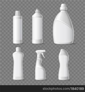 Cleaning products packaging. Realistic household liquid chemicals, white plastic containers, blank housekeeping detergent mockup of chemistry product vector set. Cleaning products packaging. Realistic household liquid chemicals, white plastic containers, blank housekeeping detergent mockup, vector set