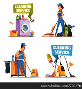 Cleaning service 2x2 design concept with employees of cleaning company washing indoor flat vector illustration. Cleaning Service 2x2 Design Concept