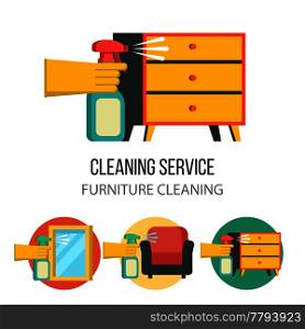Cleaning service. A hand in a rubber glove holds a sprayer aimed at the dresser. Set of vector icons. Cleaning the furniture. Washing of glasses and mirrors.
