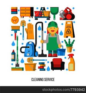 Cleaning service. A set of cleaning accessories icons arranged in the shape of a rectangle. In the center of the composition a professional maid in overalls with a vacuum cleaner and a bucket.