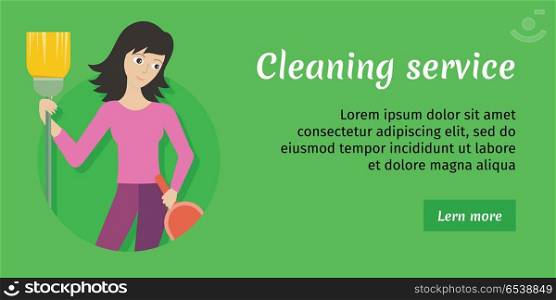 Cleaning Service Ad Card, Banner, Poster, Fier. Cleaning service advertisement card. Woman member of cleaning service staff with dustpan and broom. Worker of cleaning company. Successful cleaning business company poster. Lady housekeeper. Vector