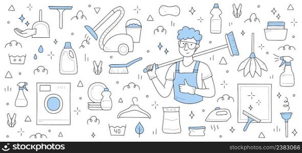 Cleaning service background with man worker in uniform, washing machine, vacuum cleaner, spray and detergent. Vector hand drawn illustration of janitor with broom, plunger, brush, iron and plates. Cleaning service background with man worker