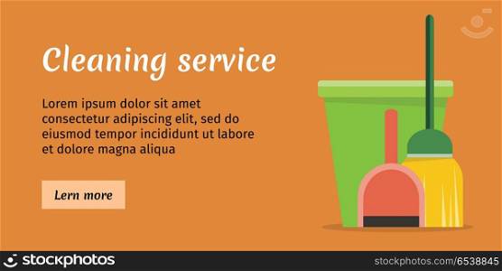 Cleaning Service Banner. Brown cleaning service banner with green bucket, broom green and red scoop. House cleaning service, professional office cleaning, home cleaning, domestic cleaning service. Website template