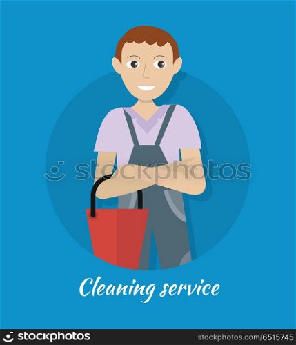 Cleaning Service Banner. Cleaning service banner. Smiling young man in blue uniform with red bucket. House cleaning service, professional office cleaning, home cleaning, domestic cleaning service. Website template.