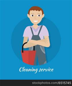 Cleaning Service Banner. Cleaning service banner. Smiling young man in blue uniform with red bucket. House cleaning service, professional office cleaning, home cleaning, domestic cleaning service. Website template.