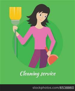 Cleaning Service Banner. Cleaning service banner. Young woman with brush and dustpan. House cleaning service, professional office cleaning, home cleaning, domestic cleaning service. Website template.