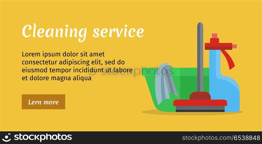 Cleaning Service Banner. Orange cleaning service banner with green basin, mop and duster. House cleaning service, professional office cleaning, home cleaning, domestic cleaning service illustration in flat. Website template