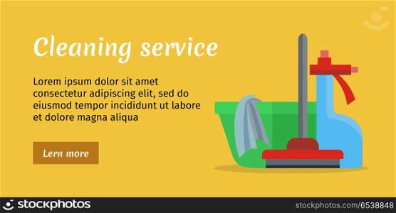 Cleaning Service Banner. Orange cleaning service banner with green basin, mop and duster. House cleaning service, professional office cleaning, home cleaning, domestic cleaning service illustration in flat. Website template