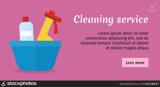 Cleaning Service Banner. Purple cleaning service banner with blue basin and cleaning products. House cleaning service, professional office cleaning, home cleaning, domestic cleaning service illustration. Website template