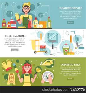 Cleaning Service Banner Set. Three different banners on cleaning service theme with titles like cleaning service home cleaning and domestic help vector illustration
