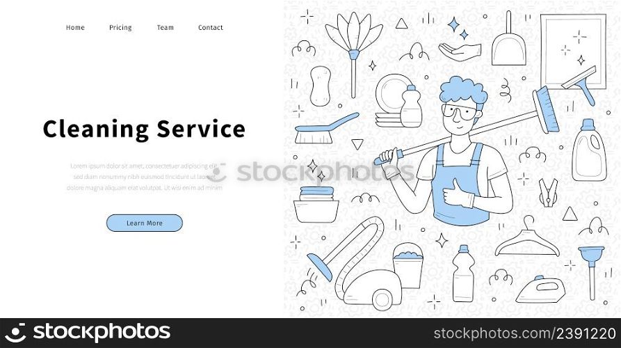 Cleaning service banner with man in uniform, vacuum cleaner, spray and brush. Vector landing page with hand drawn illustration of professional janitor or household worker with broom. Cleaning service banner with man in uniform