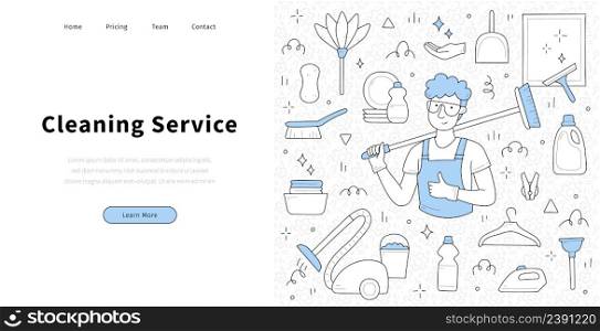 Cleaning service banner with man in uniform, vacuum cleaner, spray and brush. Vector landing page with hand drawn illustration of professional janitor or household worker with broom. Cleaning service banner with man in uniform
