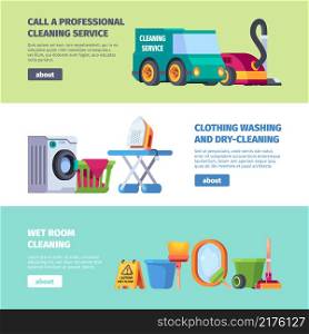 Cleaning service banners. Washing staff laundry tools broom bucket rag iron garish vector design templates. Illustration housework and dry-cleaning, cleaning service professional. Cleaning service banners. Washing staff laundry tools broom bucket rag iron garish vector design templates