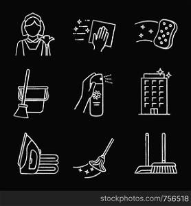 Cleaning service chalk icons set. Maid, napkin, sponge, broom and bucket, air freshener, ironing, offices cleaning, scoop, brush, mop. Isolated vector chalkboard illustrations. Cleaning service chalk icons set