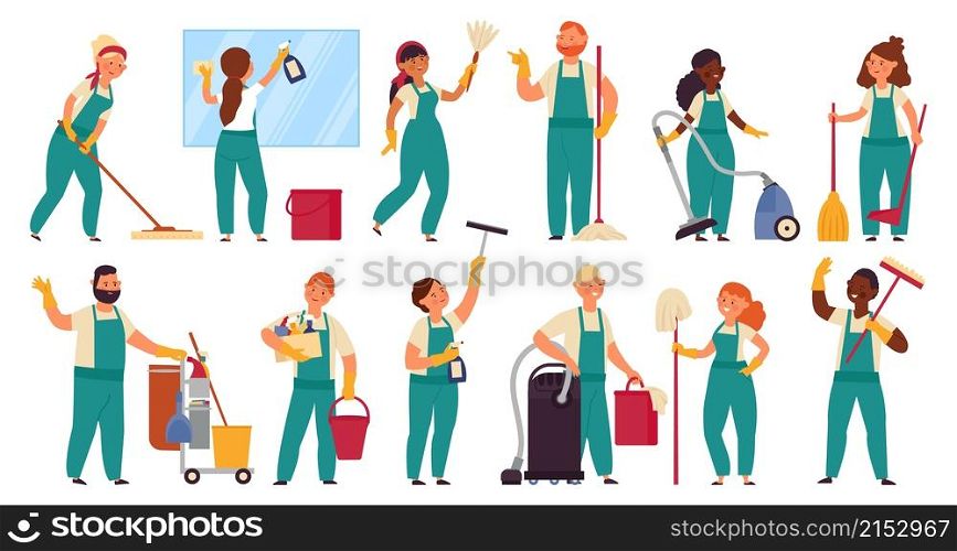Cleaning service characters. Person uniform, cleaner employee with bucket. Cleaners team, people vacuuming washing. Housekeeper decent vector set. Professional uniform housework, cleaner service. Cleaning service characters. Person uniform, cleaner employee with bucket. Cleaners team, people vacuuming washing. Housekeeper decent vector set