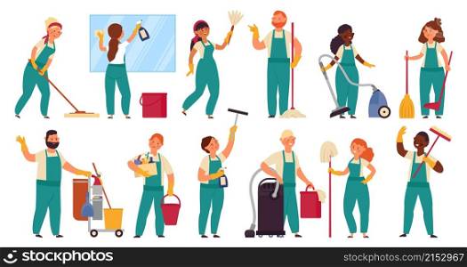 Cleaning service characters. Person uniform, cleaner employee with bucket. Cleaners team, people vacuuming washing. Housekeeper decent vector set. Professional uniform housework, cleaner service. Cleaning service characters. Person uniform, cleaner employee with bucket. Cleaners team, people vacuuming washing. Housekeeper decent vector set