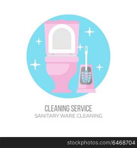 Cleaning service. Clean toilet bowl and toilet brush. Flat vector illustration, emblem. Isolated on white background.