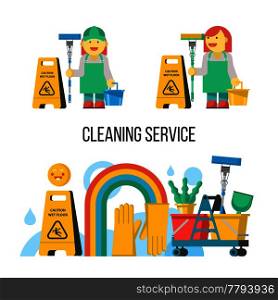Cleaning service. Cleaning kit. Professional maid in overalls with a MOP and bucket. Yellow wet floor sign.
