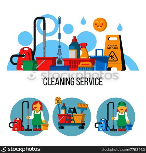 Cleaning service. Cleaning kit. Professional maid in overalls with a vacuum cleaner and a bucket. Yellow wet floor sign.