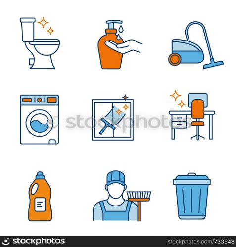 Cleaning service color icons set. Liquid soap, vacuum cleaner, washing machine, tidy table, detergent, sweeper, garbage bin, toilet and windows cleaning. Isolated vector illustrations. Cleaning service color icons set