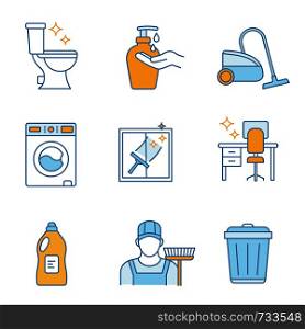 Cleaning service color icons set. Liquid soap, vacuum cleaner, washing machine, tidy table, detergent, sweeper, garbage bin, toilet and windows cleaning. Isolated vector illustrations. Cleaning service color icons set