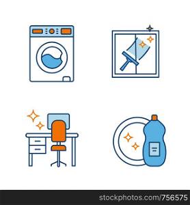 Cleaning service color icons set. Washing machine, window cleaning, tidy table, dishwashing liquid. Isolated vector illustrations. Cleaning service color icons set