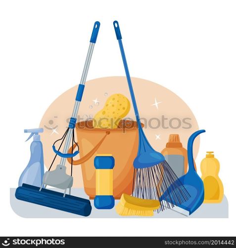 Cleaning service. Composition of a set of tools for cleaning the house. Detergents and disinfectants, a mop, bucket, brush and broom. Vector illustration