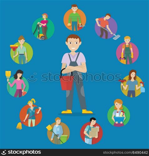 Cleaning service concept vector. Flat design. Vector in flat style. Collection of people characters with tools for cleaning in house. Illustration for housekeeping companies and services advertising. Cleaning Service Concept Vector in Flat Design. Cleaning Service Concept Vector in Flat Design