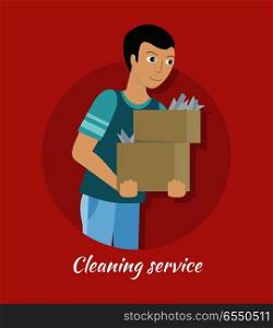 Cleaning service concept vector. Flat style design. Smiling man character carrying boxes with house rubbish. Small private business. Illustration for housekeeping companies and services advertising. Cleaning Service Concept Vector in Flat Design