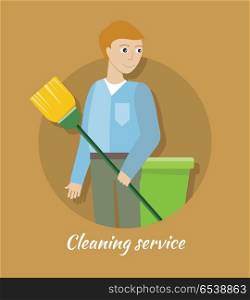 Cleaning service concept vector. Flat style design. Smiling man character standing with broom in hand. Small private business. Illustration for housekeeping companies and services advertising. Cleaning Service Concept Vector in Flat Design. Cleaning Service Concept Vector in Flat Design