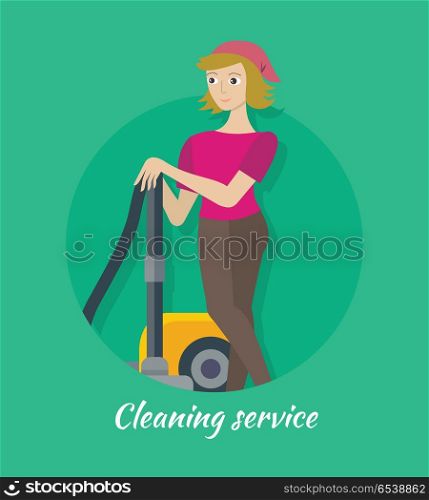 Cleaning service concept vector. Flat style design. Smiling woman character standing with vacuum cleaner. Small private business. Illustration for housekeeping companies and services advertising. Cleaning Service Concept Vector in Flat Design. Cleaning Service Concept Vector in Flat Design