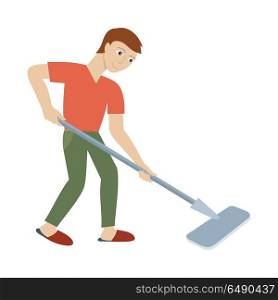 Cleaning Service Concept Vector in Flat Design. Cleaning service concept vector. Flat style design. Smiling man character washing floor mop. Small private business. Illustration for housekeeping companies and services advertising