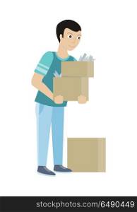Cleaning Service Concept Vector in Flat Design. Cleaning service concept vector. Flat style design. Smiling man character carrying boxes with house rubbish. Small private business. Illustration for housekeeping companies and services advertising